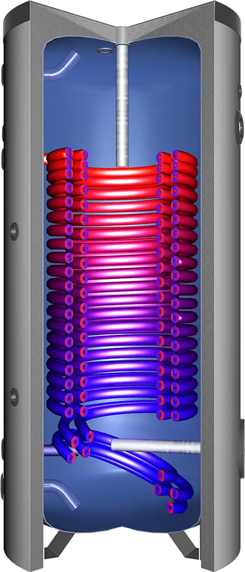 Hochformatiger Warmwasserspeicher mit rotem und blauen Rohrsystem, innen liegend. Juratherm-Logo sichtbar auf der Außenseite des Behälters.